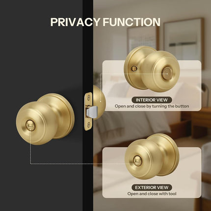 LOQRON Brushed Gold Flat Ball Door Knob with Lock, Keyless Privacy Round Design Doorknob for Bathrooms/Bedrooms, Satin Brass Finish