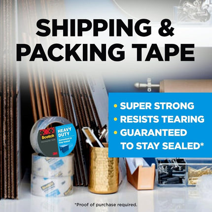 Scotch Heavy Duty Shipping Packing Tape, Clear, Shipping and Packaging Supplies, 1.88 in. x 22.2 yd., 6 Tape Rolls with 1 Dispenser