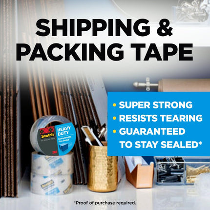 Scotch Heavy Duty Shipping Packing Tape, Clear, Shipping and Packaging Supplies, 1.88 in. x 54.6 yd., 6 Tape Rolls with 1 Dispenser