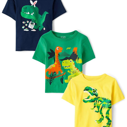 The Children's Place Camisetas gráficas de manga corta de dinosaurios para bebés y niños pequeños, paquete múltiple, Volcán/Dinosaurio Conejito/Dinosaurios de camuflaje, 4T