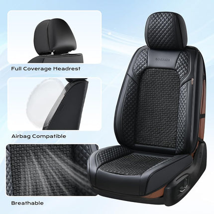 Coverado Seat Covers Full Set, 5 Seats Universal Seat Covers for Cars, Waterproof Breathable Faux Leather and Woven-Fabric Seat Cushions for Front and Rear, Auto Interiors for Most Vehicles-Black