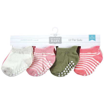Hudson Baby Unisex Baby Non-Skid No-Show Socks, Pink Green, 12-24 Months