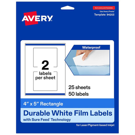 Avery Printable Durable White Rectangle Labels, Sure Feed Technology, 4" x 5", Print-to-The-Edge, Waterproof Labels, Laser & Pigment-Based Inkjet Compatible, 50 Total