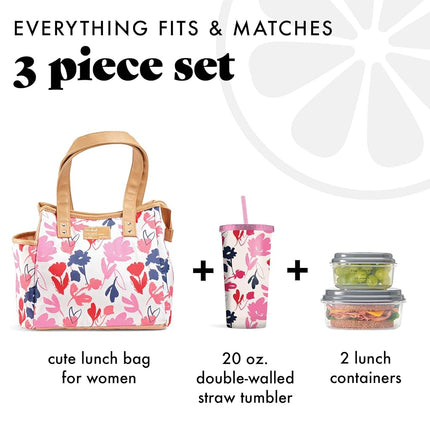 Sac à déjeuner Fit & Fresh pour femmes, sac à déjeuner isotherme pour femmes pour le travail, grande boîte à déjeuner étanche et résistante aux taches pour femmes avec contenants et gobelet assorti, fermeture éclair, sac à déjeuner Westerly, motif floral