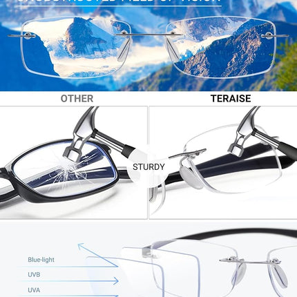 TERAISE 2-Pack Rimless Reading Glasses for Men Women, Enjoy Wider Vision Blue Light Blocking Reading Glasses with Sturdy Lens,Ultralight Computer Reader Comfortable to Wear Reduce Eye Strain(2.0X)