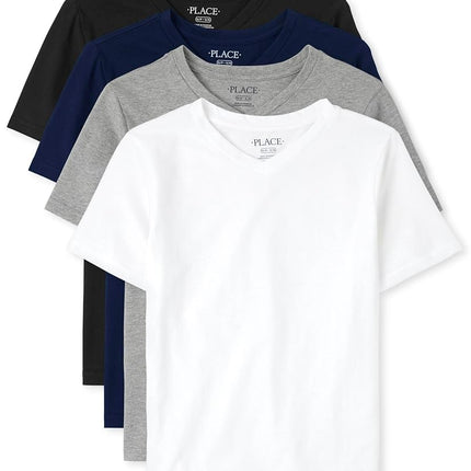 The Children's Place Boys Basic Short Sleeve Tee, Black/Blue/Ht Grey/White Vneck 4-Pack, XX-Large