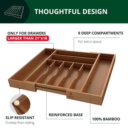ROYAL CRAFT WOOD Range Couverts Bambou de Luxe - Organisateur de Tiroir de Cuisine - Porte-Ustensiles et Plateau à Couverts avec Séparateurs Rainurés pour Couverts de Table et Ustensiles de Cuisine (9 Compartiments, Bambou Marron)