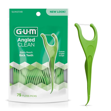 GUM Angled Flosser Picks, Easily Reaches Back Teeth, Fresh Mint Flavour, Lime Green, 75 Flossers (1 Bag)