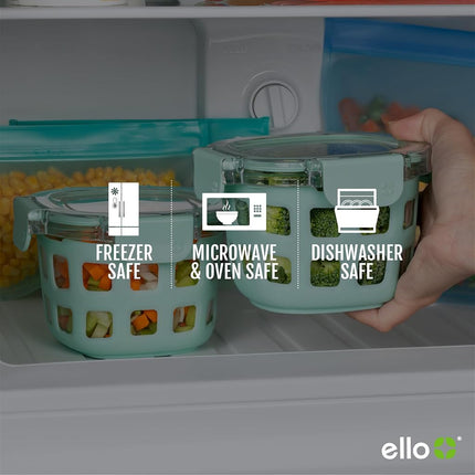 Ello Duraglass Paquete de 4 recipientes de vidrio reutilizables de 2 tazas con tapas a prueba de fugas y fundas protectoras de silicona | Perfectos para avena nocturna, refrigerios, yogur | Sin BPA | Aptos para lavavajillas | Melón