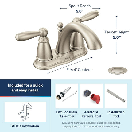 Moen Brantford Brushed Nickel Two-Handle Low-Arc Centerset Bathroom Faucet with Drain Assembly, 6610BN
