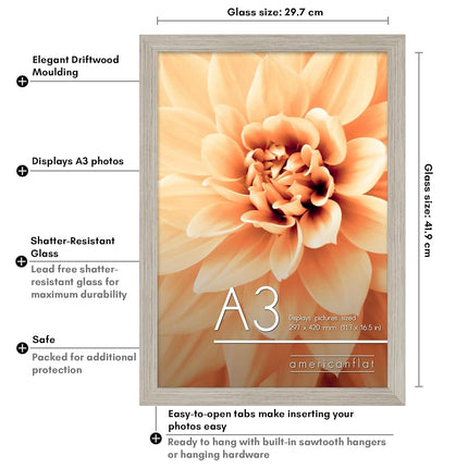 Americanflat A3 Picture Frame in Driftwood - Engineered Wood with Shatter Resistant Glass - Horizontal and Vertical Formats for Wall - 29.7x42 cm