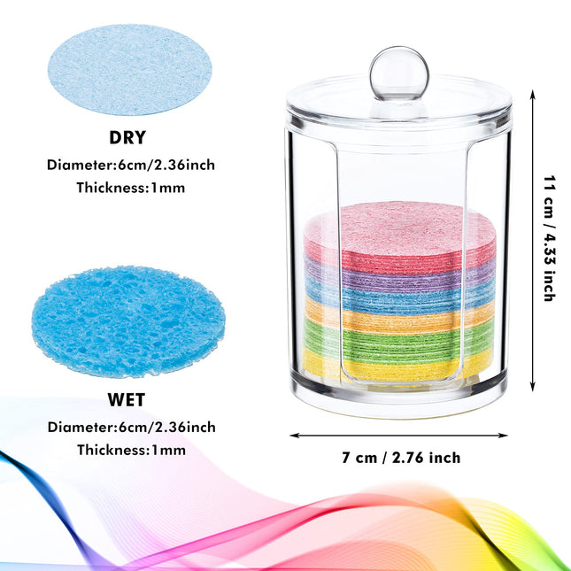 50 Pieces Compressed Natural Facial Sponges Round Soft Face Exfoliator Cleansing Sponge Reusable Cosmetic Sponge with Clear Plastic Sponge Storage Jar for Exfoliating, Makeup Removal (Multi-Color)