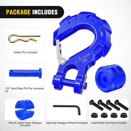 Nilight Forged Steel Winch Hook 3/8" Grade 70 Safety Latch Winch Cable Hook Stopper & Clevis Slip Hook Sets, Included Allen Wrench,Max 35,000 lbs,2 Years Warranty, Blue