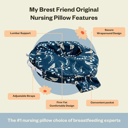 My Brest Friend Original Nursing Pillow for Breastfeeding, Nursing and Posture Support with Pocket and Removable Slipcover, Navy Bluebells