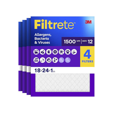 Filtrete 18x24x1 Air Filter, MPR 1500, MERV 12, Healthy Living Ultra-Allergen 3-Month Pleated 1-Inch Air Filters, 4 Filters