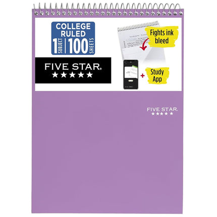 Five Star Top Spiral Notebook + Study App, 1 Subject, College Ruled Notepad, 8-1/2" x 11", 100 Sheets, Fights Ink Bleed, Water Resistant Cover, Amethyst Purple (820058B-ECM)