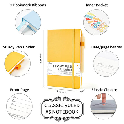 feela Hardcover Notebook For Work, Classic Ruled Lined Journal Set School Business Supplies, with 3 Black Pens, 120 GSM, 5.1”x8.3”, 3 Pack, A5, Solid Colors, Gray, Yellow, Light Blue