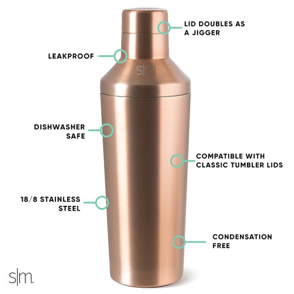 Simple Modern Insulated Cocktail Shaker with Jigger Lid | 20oz, Metallic