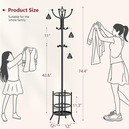 Tajsoon Coat Rack with Umbrella Holder, Coat Stand With 16 Hooks, Black
