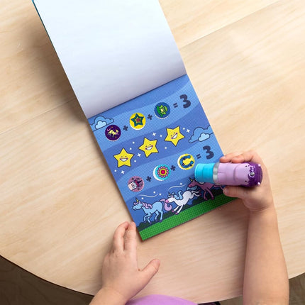 Melissa & Doug WOW 24-Page Activity Pad and Sticker Stamper | Travel Toys for Kids | Glitter Unicorn - Purple - FSC Certified