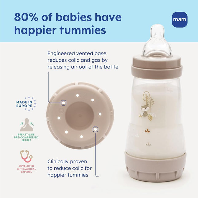 MAM 4.5oz Easy Start Anti-Colic Wide Neck Vented Baby Bottle, Extra Slow Flow Breastfeeding-Like Silicone Nipple, Reduces Colic, Gas & Reflux, Easy to Clean, BPA Free, 0+ Months, Made in Europe