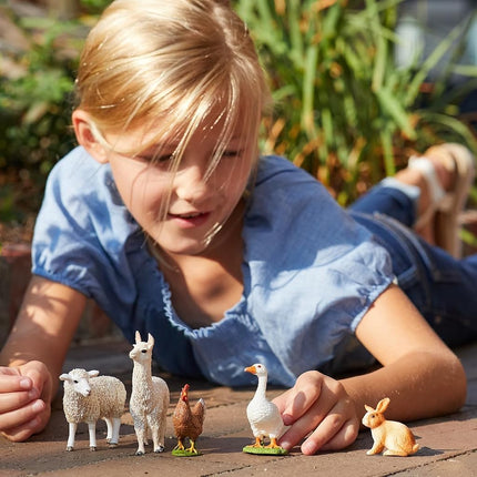 schleich Farm World - Lote de 5 figuras de animales bonitas con conejo de juguete, oveja, llama, pollo y ganso - Set de juego de figuras realistas de granja - Juguetes educativos para niños pequeños - Niños y niñas a partir de 3 años | 77536