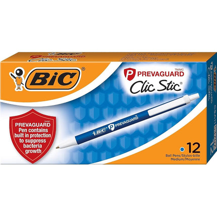 Bolígrafos BIC PrevaGuard Clic Stic con aditivo antimicrobiano, punta mediana, 1.0 mm, cuerpo azul, tinta azul, paquete de 12 bolígrafos