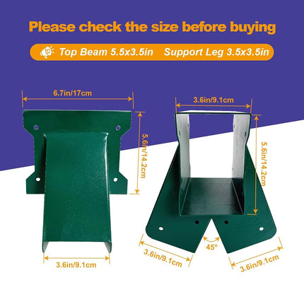 A-Frame Swing Set Brackets - DIY Swing Set Bracket for 4x4 Legs & 4x6 Beam, Installed on Wooden or Concrete Floors, Green (1 Middle Bracket +2 Bases)