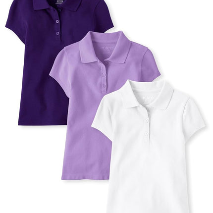 The Children's Place Girls' Multipack Short Sleeve Pique Polos, Purple/Regal Violet/White 3-Pack, Large