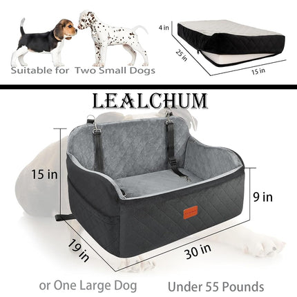 Lealchum Dog Car Seat Up to 55lb,2 Clip-On Safety Adjustable Leashs Car Dog Bed for 2 Small Dogs,Fully Detachable and Washable Pet Car Seat with 2 Storage Pockets,Easy to Install(Black/Grey, Large)