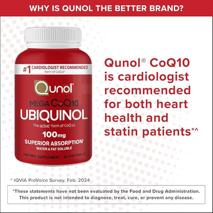 Qunol Mega Ubiquinol 100mg CoQ10, Superior Absorption, Patented Water and Fat Soluble Natural Supplement Form of Coenzyme Q10, Antioxidant for Heart Health, 100 Count Softgels.
