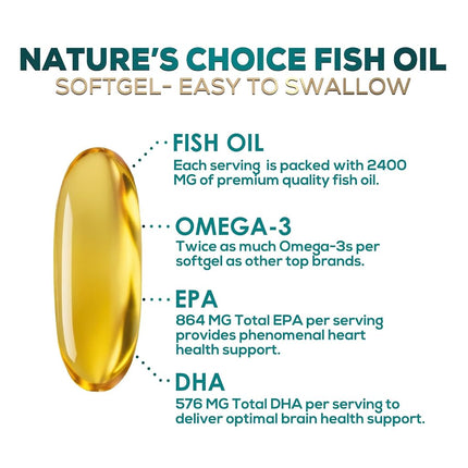 Omega 3 Fish Oil Supplements - 2400mg Fish Oil Per Serving - Triple Strength Omega-3 with Fatty Acids EPA & DHA - Natural Heart, Brain & Immune Support - Wild Caught, Bottled in USA - 60 Softgels