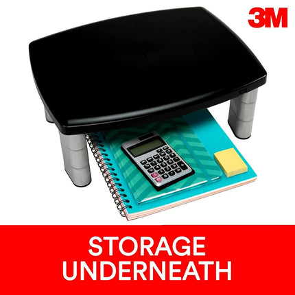 3M Adjustable Monitor Stand, Three Leg Segments Simply Adjust Height from 1" to 5 7/8", Sturdy Platform Holds Up to 80 lbs, 11-inch Space Between Columns for Storage, Silver/Black (MS80B)