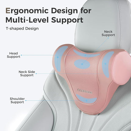 Coverado Car Headrest Pillow, Ergonomic Memory Foam Car Neck Pillow for Driving Seat with Adjustable Strap, Soft PU Leather Breathable Removable Cover Neck Support for Neck Pain Relief, Pink