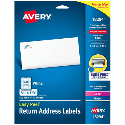 Avery Return Address Labels with Sure Feed for Laser & Inkjet Printers, 2/3" x 1-3/4", 600 Labels, Permanent Adhesive (18294),White