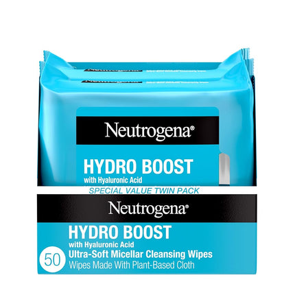 Neutrogena HydroBoost Facial Cleansing & Makeup Remover Wipes with Hyaluronic Acid, Hydrating Pre-Moistened Face Towelettes to Cleanse &Remove Dirt, Makeup & Impurities, Twin Pack, 25 ct
