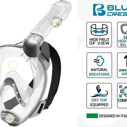 CRESSI Baron Full Face Mask Clear/Aquamarine M/L - Integral Anti Fog Snorkel Comfortable Full Face Mask with Exhalation Valve and Dry Snorkel, Transparent/Aquamarine, M/L