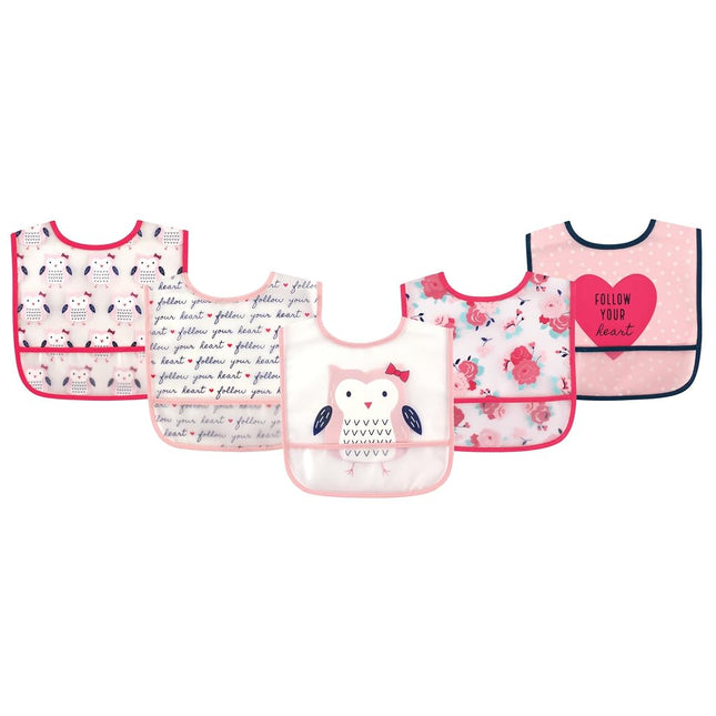 Hudson Baby Waterproof Bib with Crumb Catcher Pocket, Girly Owl