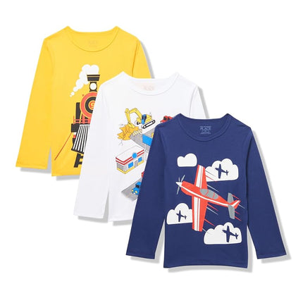 The Children's Place Camiseta de manga larga con gráficos multicolor para bebé y niño pequeño, paquete de 3, vehículos, 4T