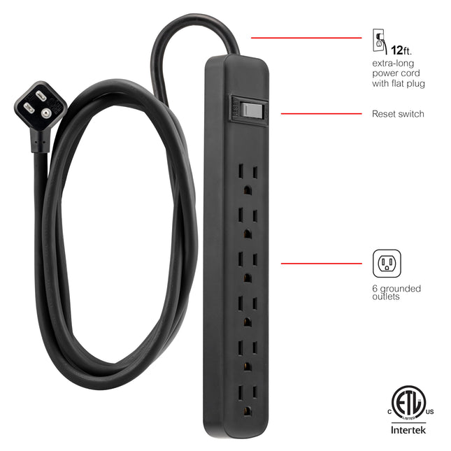 GE 6-Outlet Power Strip, 12 Ft Extension Cord, Flat Plug, Grounded, Integrated Circuit Breaker, 3-Prong, Wall Mount, UL Listed, Black, 45192