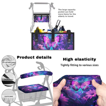 LedBack Wheelchair Bag for Seniors Rollator Walker Rollator Covers Purple Butterfly Flower Walker Seat and Backrest Covers, Easy to Install