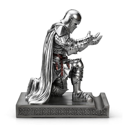 HDMbigmi King's Guard Leader Cloak Warrior Knight Pen Holder Mobile Phone Stand, Ornament Knight Statue, Pen Stand Paperweight with a Metal Sword Letter Opener for Office and Home (Silver)