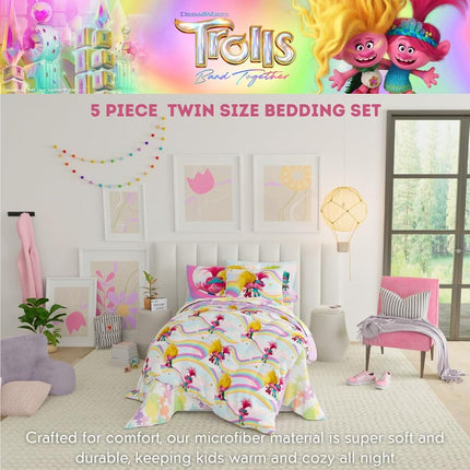 Franco DreamWorks Trolls 3 Band Together Kids 5 Piece Bedding Super Soft Reverisble Comforter and Sheet Set with Sham, Twin, (Officially Licensed Product)