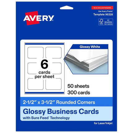Avery Printable Rectangle Rounded Corner Business Cards, Sure Feed Technology, 2-1/2" x 3-1/2", Glossy White Cardstock, Print-To-The-Edge, Laser/Inkjet Printable, 300 Total