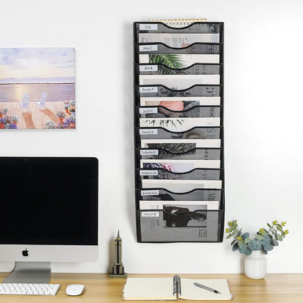 PAG 10-Tier Hanging Wall File Holder Mail Organizer Wall Magazine File Letter Rack,Mesh Metal A4 Wall Mounted Document Holder Paper Storage,Black