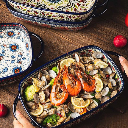 Bicuzat Red Daisy Flower Vintage Style Ceramic Bakeware Casserole Dish Baking Pan Lasagna Pans Baking Dish with Handles for Oven/Cooking/Kitchen-1 PCS, 60 OZ