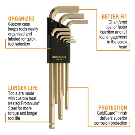 Bondhus 38099 GoldGuard Ballpoint L-Wrench, Gold, WS: 1.5, 2, 2.5, 3, 4, 5, 6, 8 und 10mm