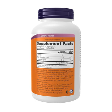NOW Supplements, Certified Non-GMO, D-Mannose 500 mg, 240 Veg Capsules