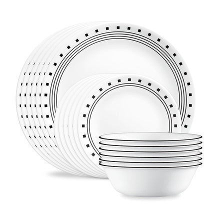 Corelle 18-piece Dinner Set, City Block, Black and White Service for 6, Chip Resistant Dinnerware, Includes 26cm Dinner Plates, 17cm Salad/Side Plates and 530ml Soup/Cereal Bowls