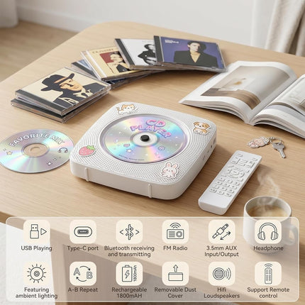 CD Player Portable : CD Players for Home Bluetooth 1800mAh Rechargeable Desktop Wall Kegaudio HiFi Speakers with Dust Cover LCD Screen Display FM Radio USB AUX Jack Remote Control (Light White)